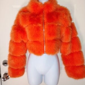 New Super Soft Orange Faux Fur Cropped Jacket